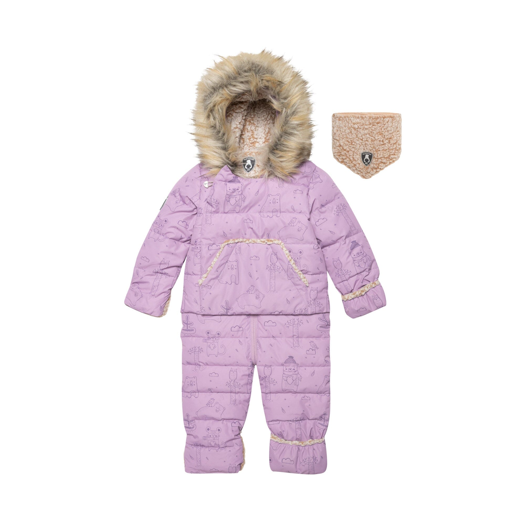 One Piece Baby Snowsuit With Lilac Forest Friends Print-0