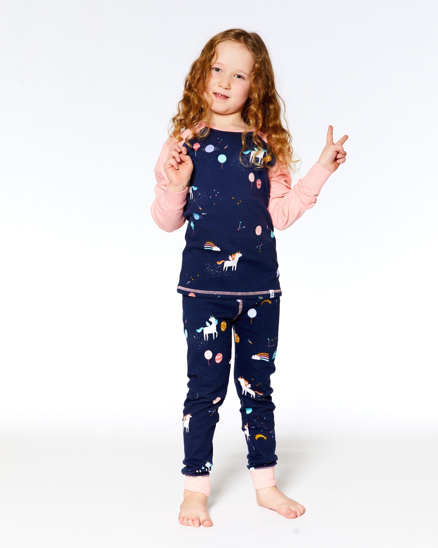 Organic Cotton Long Sleeve Two Piece Pajama Navy Unicorns Print-2