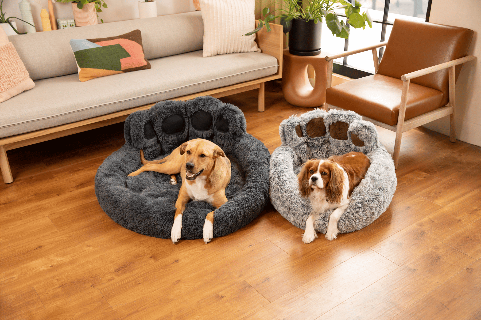 Bear Paw Calming Dog Bed Anti-Anxiety Paw Bed for Dogs Comfy Fur Donut