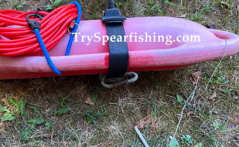 Threaded Carabiner to hold Spare Speargun band on a dive float and flag