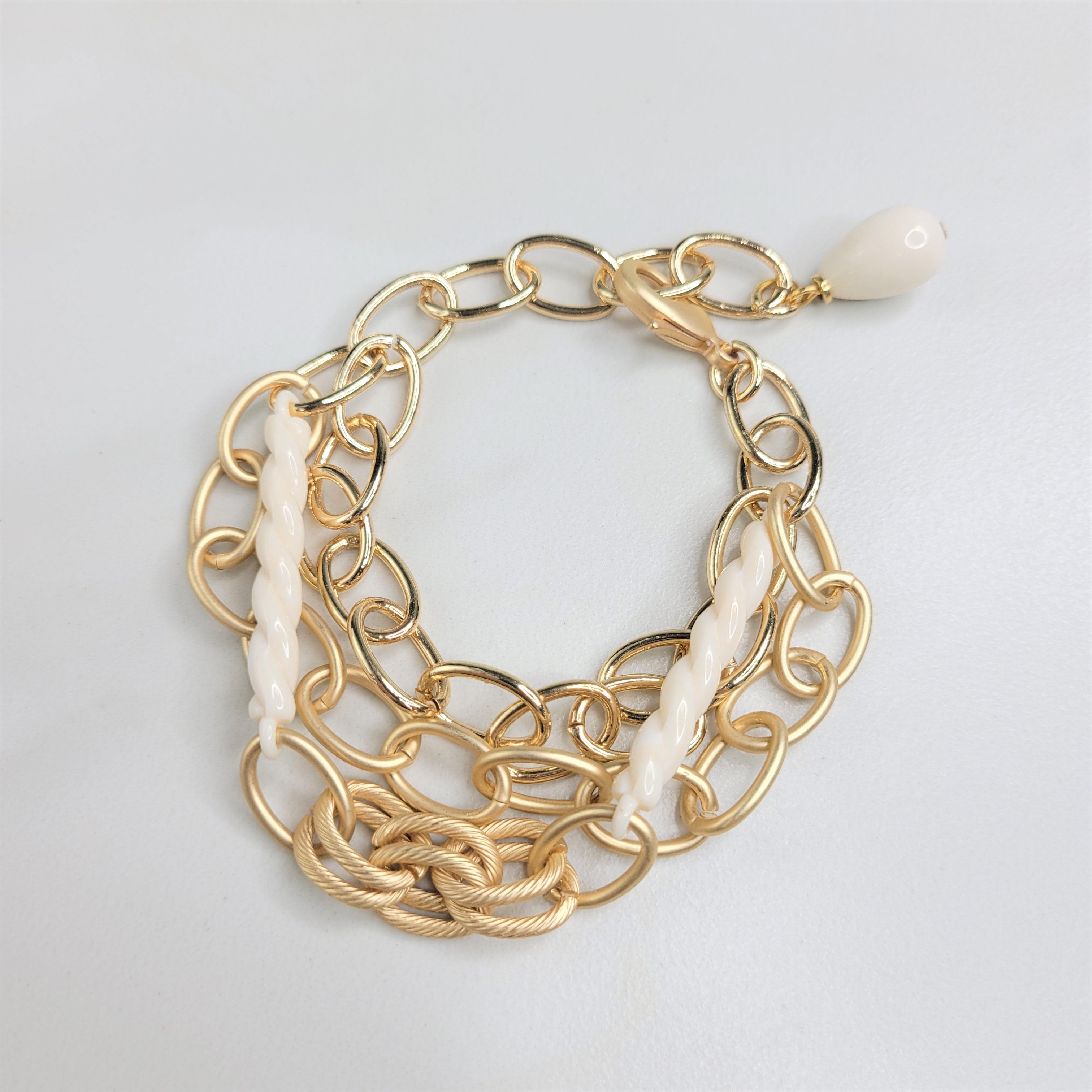 Brooklyn Three Strand Bracelet with Ivory Vintage Elements and Gold Plated Chain
