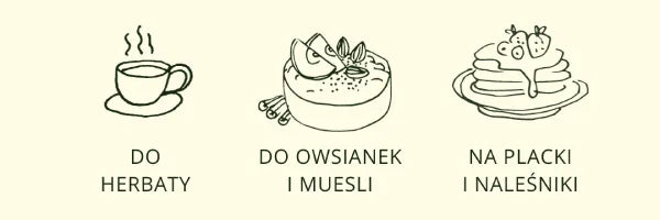 Grafika przedstawiająca zastosowanie miodu klonowego. Widoczne są na niej ikony w postaci odręcznych rysunków potraw z podpisami: do herbaty, do owsianek i muesli, na placki i naleśniki