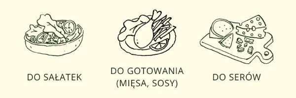 Grafika o zastosowaniach miodu wielokwiatowego. Odręczne rysunki potraw z podpisami: do sałatek, do gotowania (mięsa, sosy), do serów