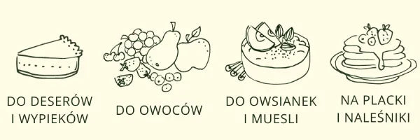 Grafika przedstawiająca zastosowania miodu lipowego. Odręczne rysunki potraw i napojów wraz z podpisami: do deserów i wypieków, do owoców, do owsianek i muesli, na placki i naleśniki