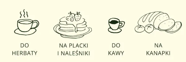 Grafika przedstawiająca zastosowania miodu rzepakowego w kuchni. Odręczne rysunki potraw i napojów, takich, jak: kawa, herbata, na placki i naleśniki, na kanapki