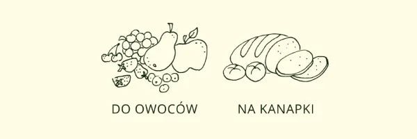 Grafika przedstawiająca zastosowania miodu wrzosowego w kuchni. Odręczne rysunki potraw takich, jak: owoce, kanapki