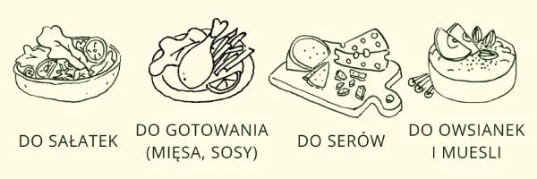 Grafika przedstawiająca zastosowania miodu spadziowego w kuchni. Odręczne rysunki potraw takich, jak: sałatki, gotowanie (mięsa, sosy), sery, owsianki i muesli