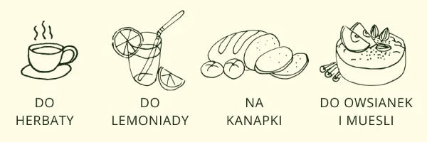 Grafika przedstawiająca zastosowania miodu leśnego. Widoczne są na niej ręcznie rysowane ikonki z potrawami lub napojami, takimi, jak: do herbaty, do lemoniady, na kanapki, do owsianek i muesli
