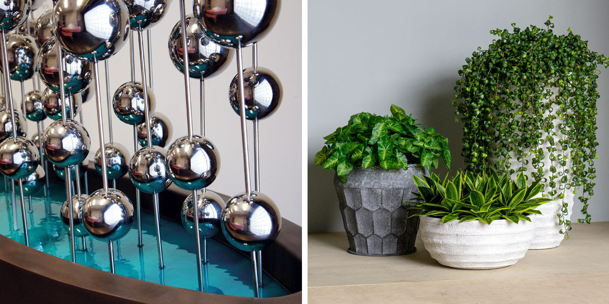 Two images. Left image shows stainless steel Ball Sway sculpture in a blue epoxy setting. The right image shows a male installing brass Barnacle Wall Play™ with plants.