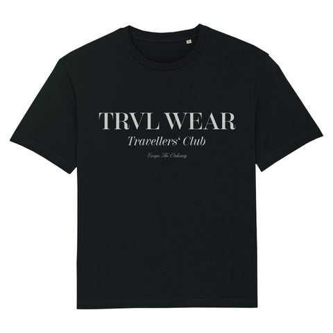 gemütliches schwarzes Front Print Travellers' Club Streetwear Oversized T-Shirt von Basic Collection von TRVL Wear