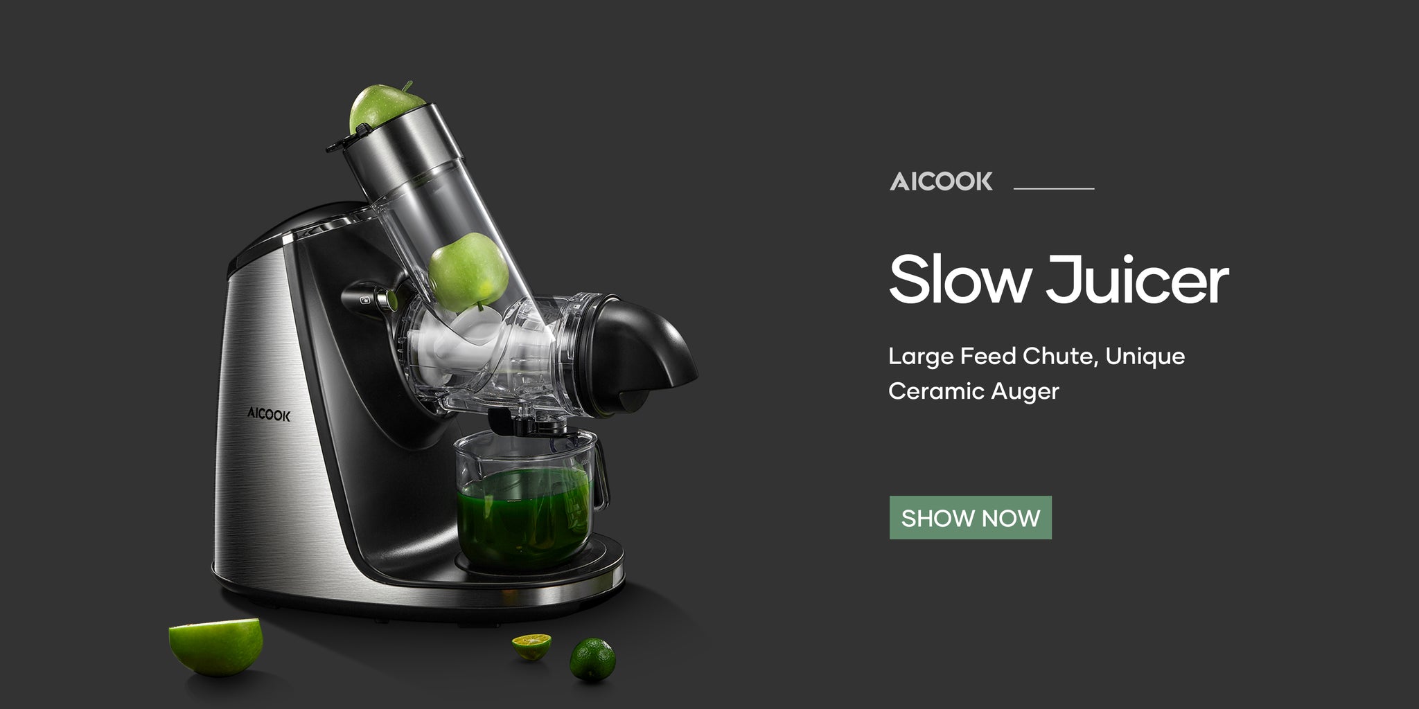 AICOOK | Slow Masticating Juicer Machines, 3in Large Feed Chute, Stainless Steel, 200W, Ceramic Auger Makes High Nutritive Fruit&Vegetable Juice, Recipes Included