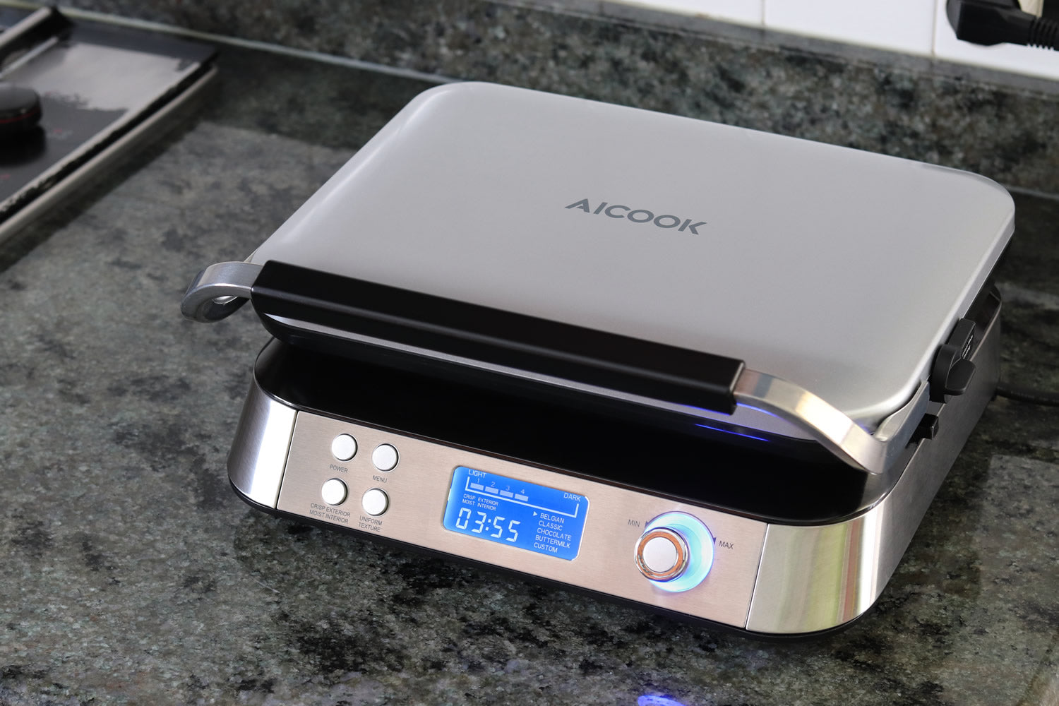 AICOOK | Waffle Maker 1600w, Smart Pro Belgian Waffle Iron with LCD Display, 2-Slice, 5 Different Programs, 7 Browning Levels, Recipe Included, Silver