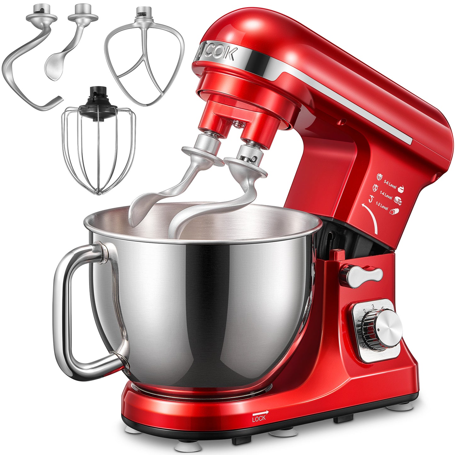 AICOK |  5.5QT Stand Mixer with Double Dough Hook, 6-speed Stainless Steel Bowl, Low Noise, Red