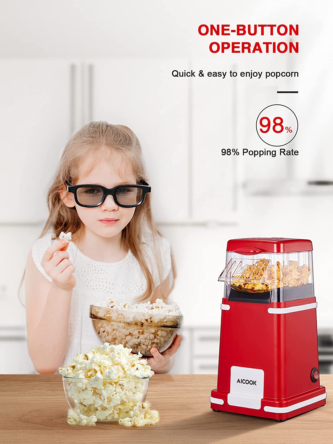 AICOOK | Popcorn Maker, Hot Air Retro Popcorn Popper with Measuring Cup, Electric Home 1200W Popcorn Machine for Birthday Party, Christmas, Movie Nights, ETL Certified & BPA Free, One Button Operation