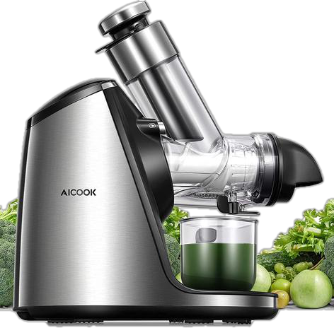 AICOOK Slow Masticating Juicer Machines, 3in Large Feed Chute, Stainless Steel, 200W, Ceramic Auger Makes High Nutritive Fruit&Vegetable Juice, Recipes Included