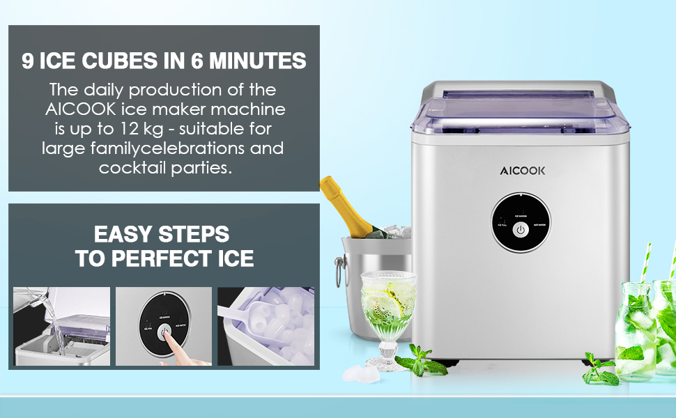 AICOOK | 2L Ice Maker Countertop, Portable Ice Maker Machine with LED