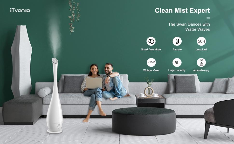 iTvanila Smart Cool Mist Humidifiers for Covid, Large Room Use, 5L Floor Humidifiers for Bedroom Office with Remote Control, Oil Diffuser Tray, Last up to 50 Hours