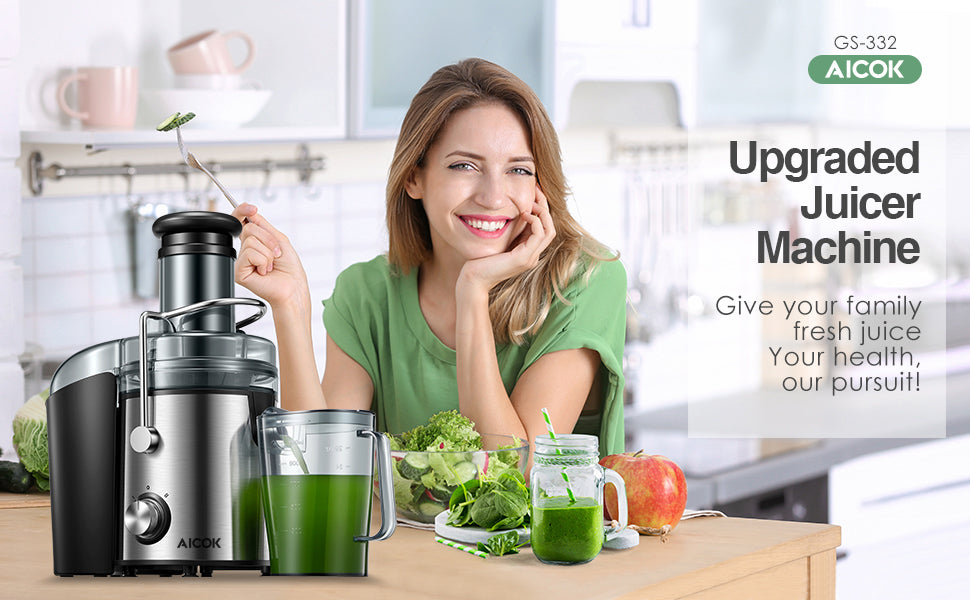 Juicer, 1000W Juicer Machine, 75mm Wide Mouth, Aicok Dual Speed Mode, Stainless Steel, Easy Clean, Silver