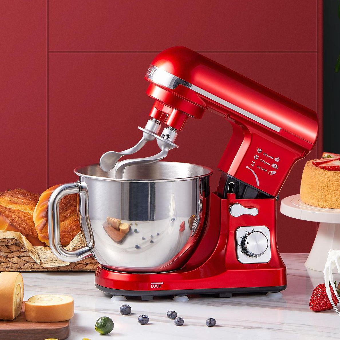 AICOK Stand Mixer, Professional 5.5 Qt Dough Mixer, 6 Speeds Tilt-Head Food Mixer, Kitchen Electric Mixer, Red