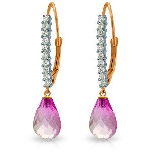 14K Solid Rose Gold Leverback Earrings Natural Diamond & Pink Topaz Gemstone
