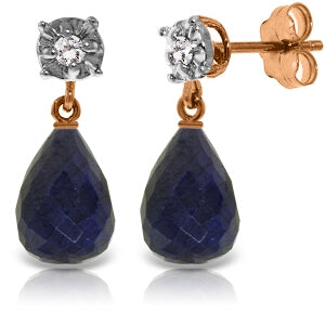14K Solid Rose Gold Stud Earrings w/ Diamonds & Sapphire