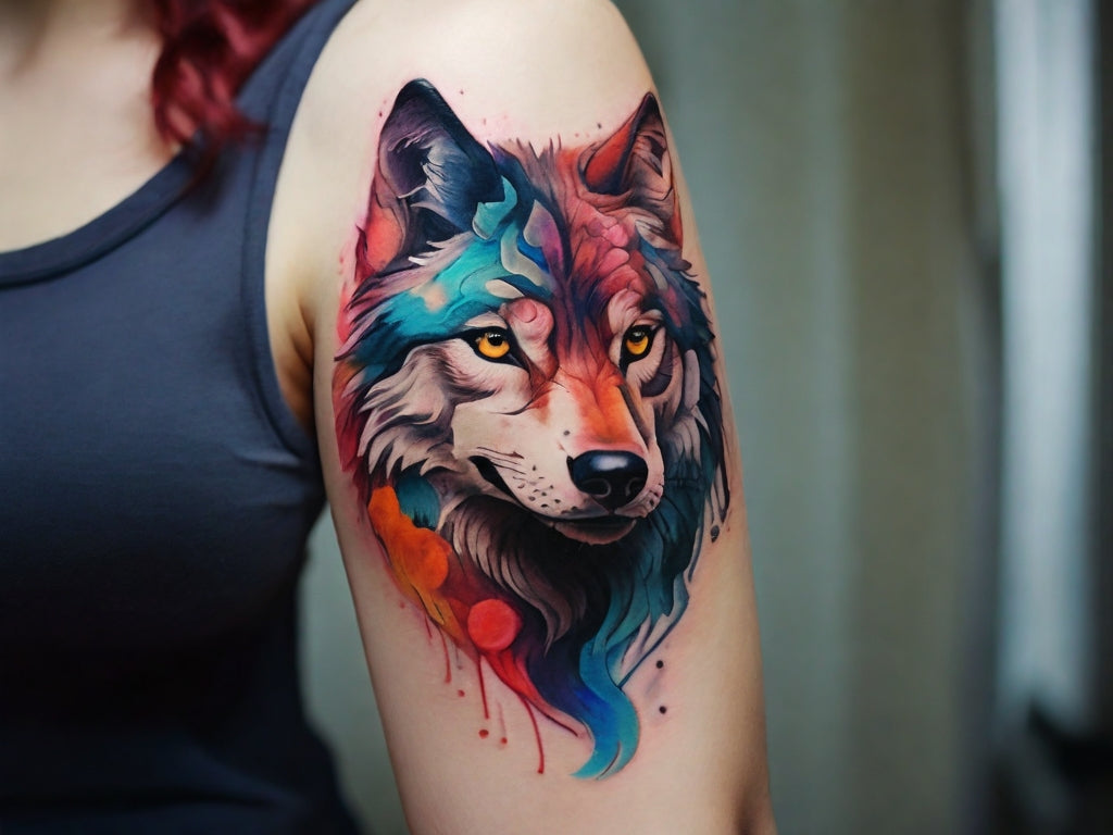 a colorful wolf tattoo on a women's arm