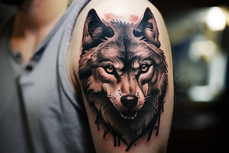 wolf temporary tattoo on shoulder