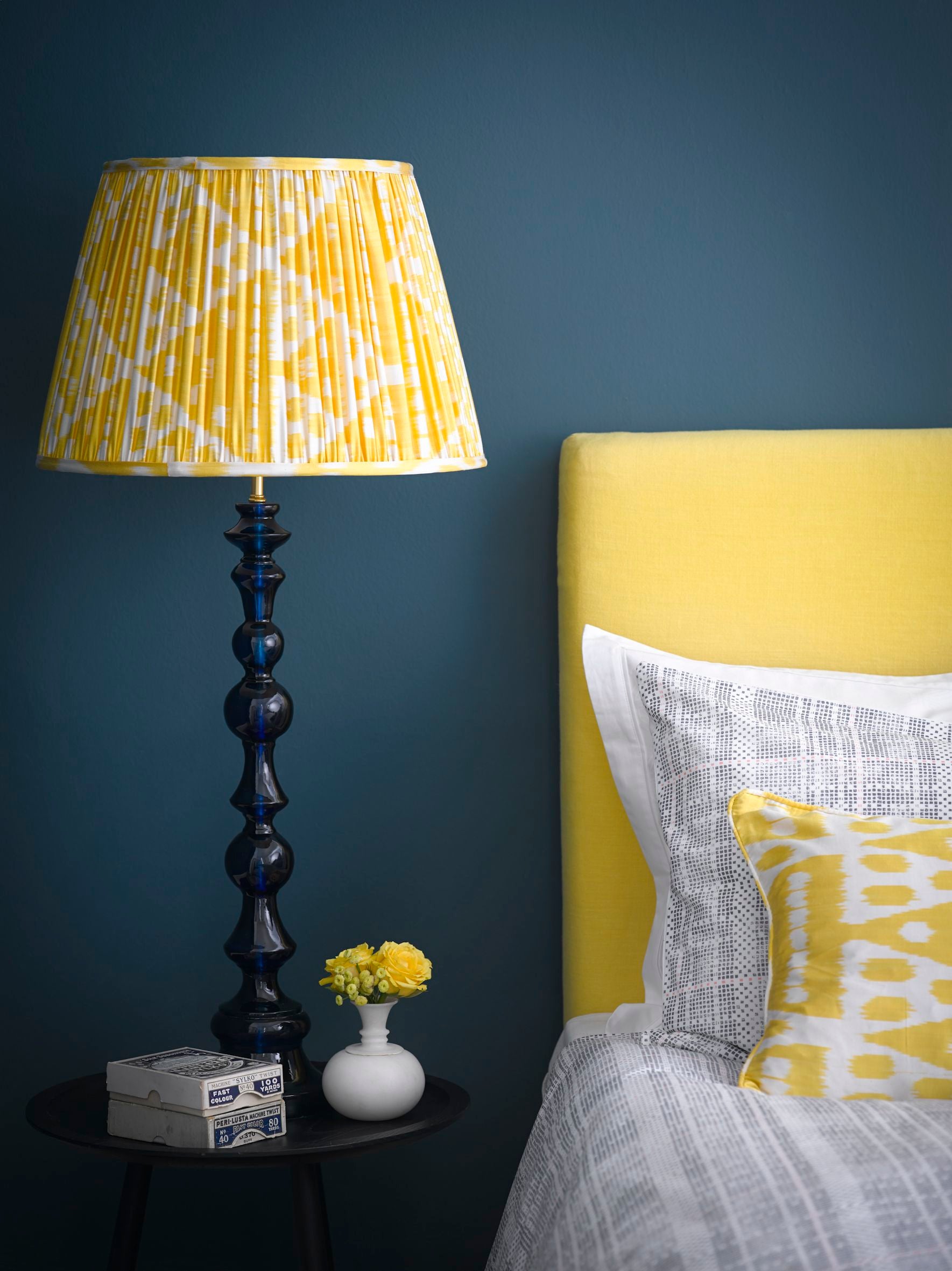 Pooky Bobboli Console Table Lamp in Blue £100, Empire Shade in Yellow Silk Ikat £72