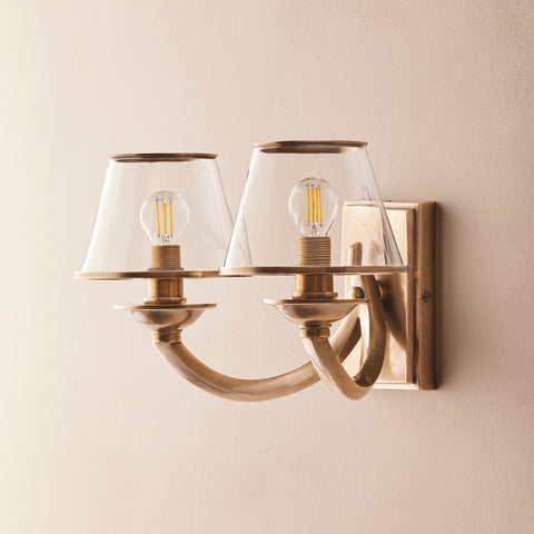 Traditional Double Wall Light in Antique Brass w/ Beige Clip on Shades