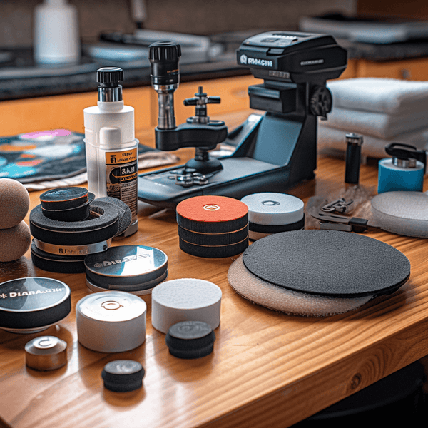 A selection of polishing machines, polishing sponges, polishes and microfiber cloths on a clean workbench.