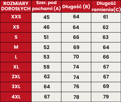 Przewodnik po rozmiarach 405-DOROSŁYCH