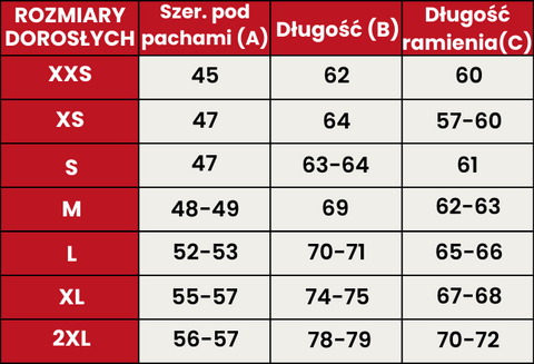 Przewodnik po rozmiarach 604-DOROSŁYCH