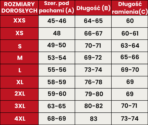 Przewodnik po rozmiarach 704-DOROSŁYCH