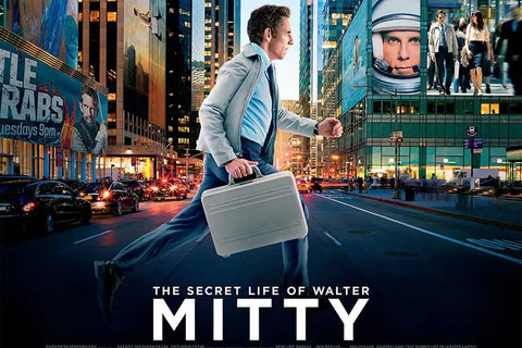 Movie Poster from The Secret Life of Walter Mitty with an image of Walter running with a grey briefcase