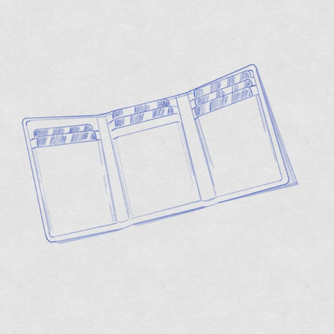 Open View Drawing of a leather trifold wallet in blue ink