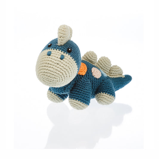 Organic Dinosaur Rattle - Knitted Soft Toy - Blue