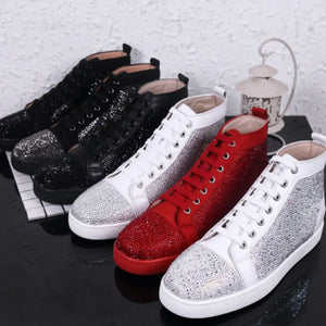 New red soled shoes rhinestone high-top CL men's shoes studs personality genuine leather women's shoes hot diamond lace - Life Rich Essentials