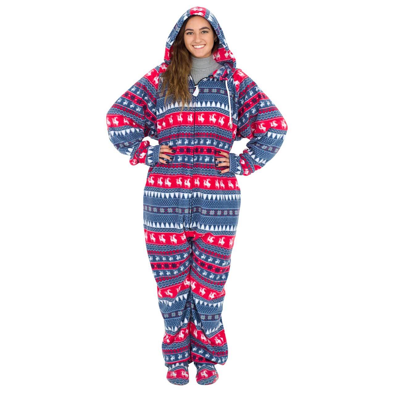Red and Navy Humping Reindeer Ugly Christmas Pajamas Suit with Hood