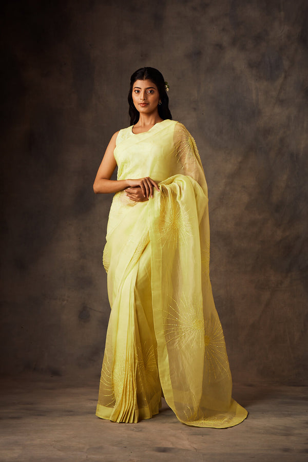 Yellow Organza Floral Work Saree with Hand Embroidered Blouse