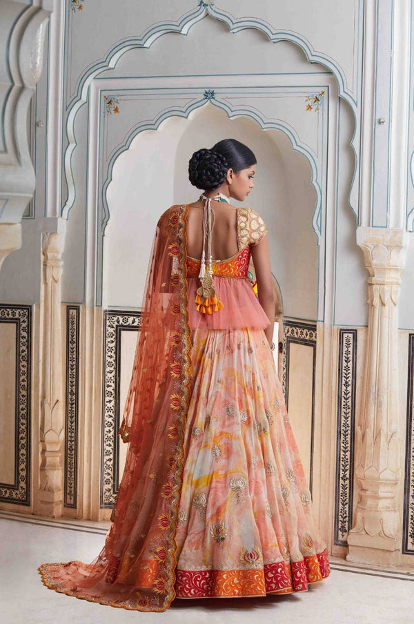 Peach Net Circular Lehenga Choli 213480