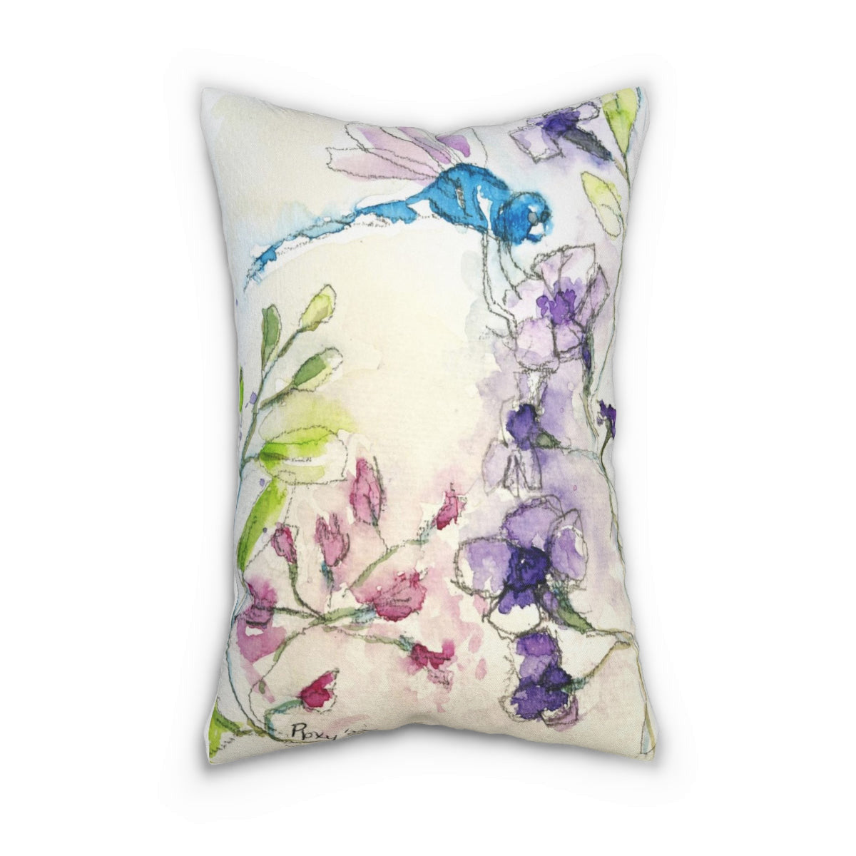 Dragonfly on Purple Tube Flowers Lumbar Pillow