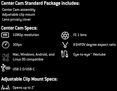 Center Cam Standard Package includes: Center Cam Assembly, Adjustable clip mount, Lens Privacy cover. Center Cam Specs: 1080p Resolution, F2.1 lens, 30 FPS, 65HFOV degree, compatible with Windows, Mac, Android, and Linux.