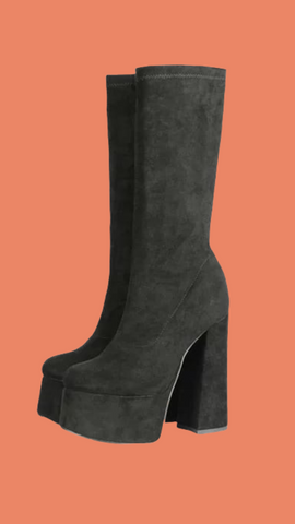 Black suede platform boots, calf length