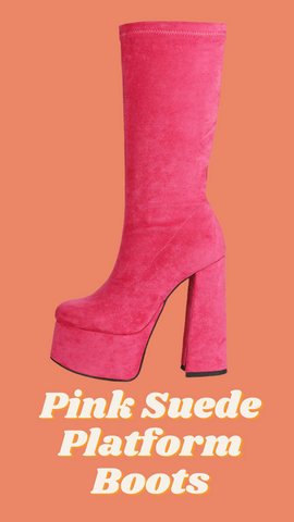Pink Suede Platform Boots- Rounded toe and calf length boots, chunky block heels.