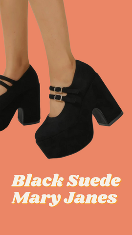 Chunky, platform round toe suede mary jane heels. 