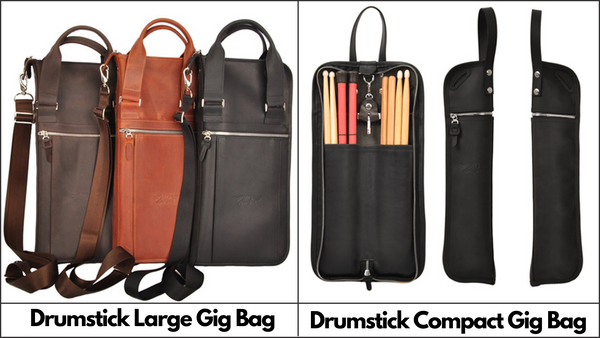 Two drumstick bags from MG Leather Work, the Drumstick Large Gig Bag and Compact Gig Bag, displayed side by side, showcasing their quality leather construction and ample storage space for professional musicians.