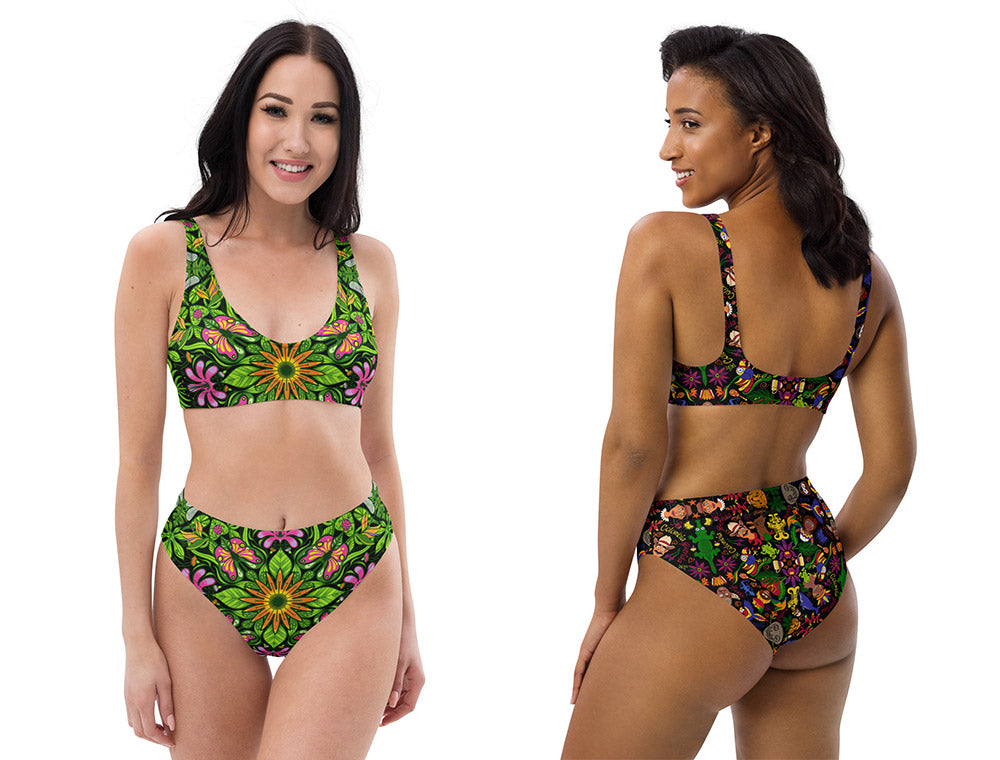 Two beautiful women wearing Recycled high-waisted bikinis by Zoo&co