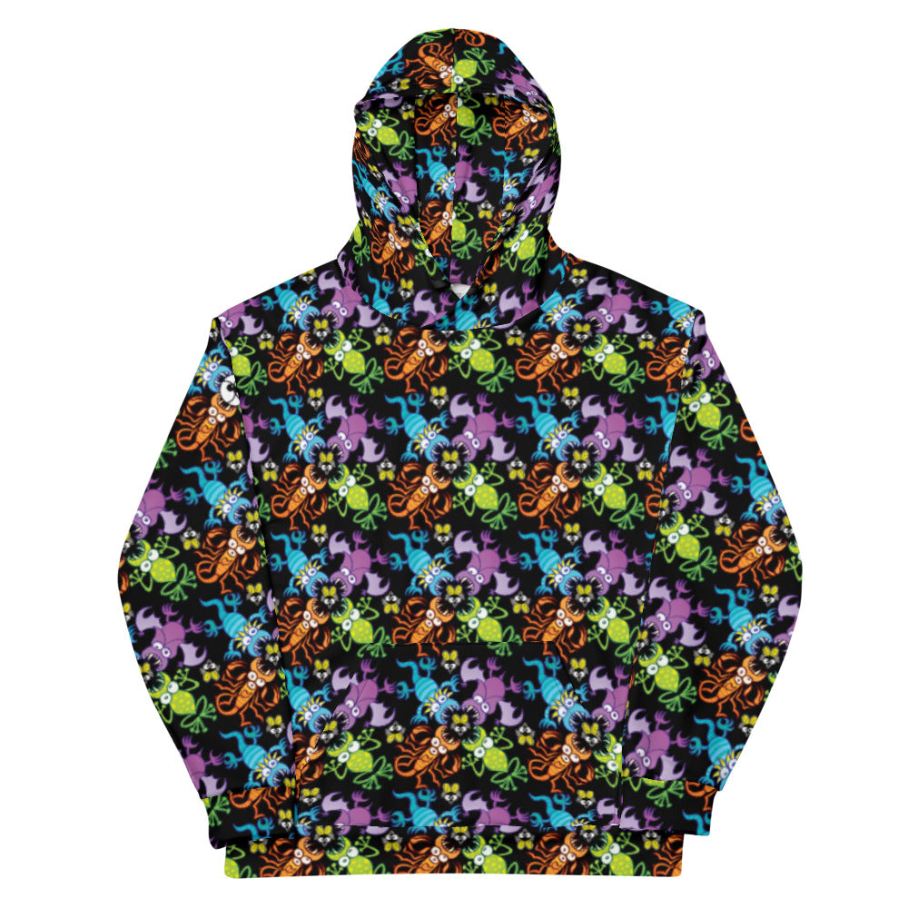 Bat, scorpion, lizard and frog fighting over an unlucky fly Unisex Hoodie. Front view