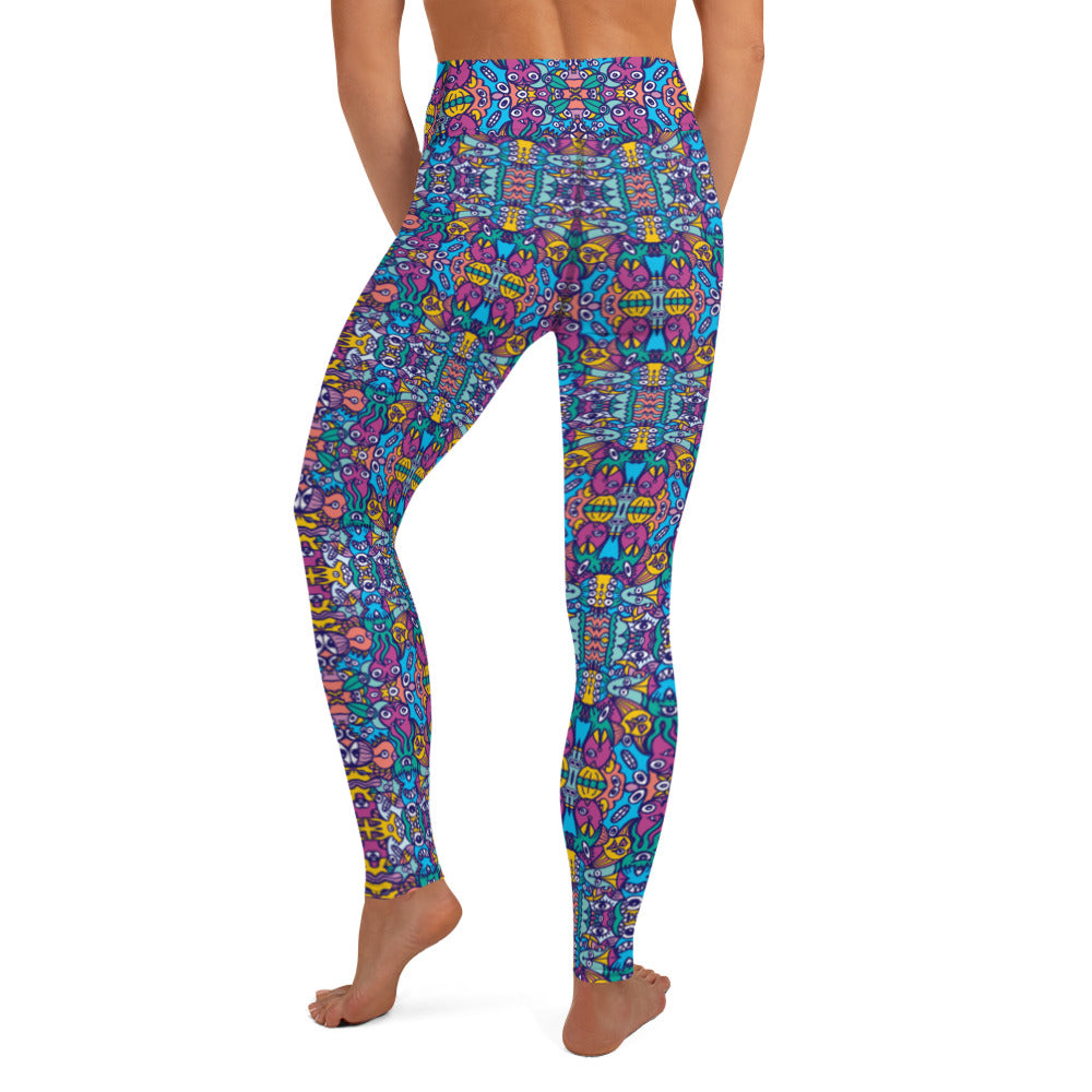Whimsical design featuring multicolor critters from another world Yoga Leggings. Back view