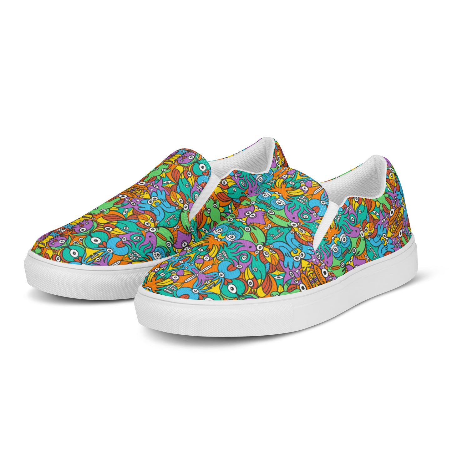 Fantastic doodle world full of weird creatures Men’s slip-on canvas shoes. Overview